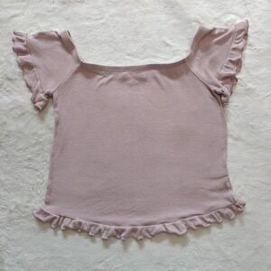 L.A Hearts Small Pink Lettuce Hem Off Shoulder Rib-knit Crop‎ Top Short Sleeve